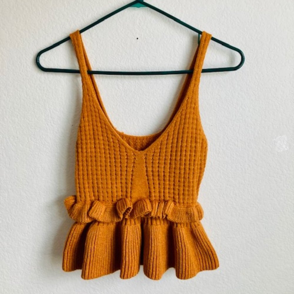 Womens Casual Knit Top Sleeveless Ruffle Hem V Neck Peplum Crop Tank Top